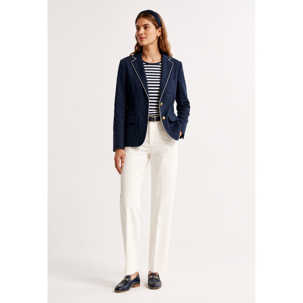 J. Crew Blazer Jacket Womens 2 Blue White‎ Linen Gold Buttons Nautical Pockets
